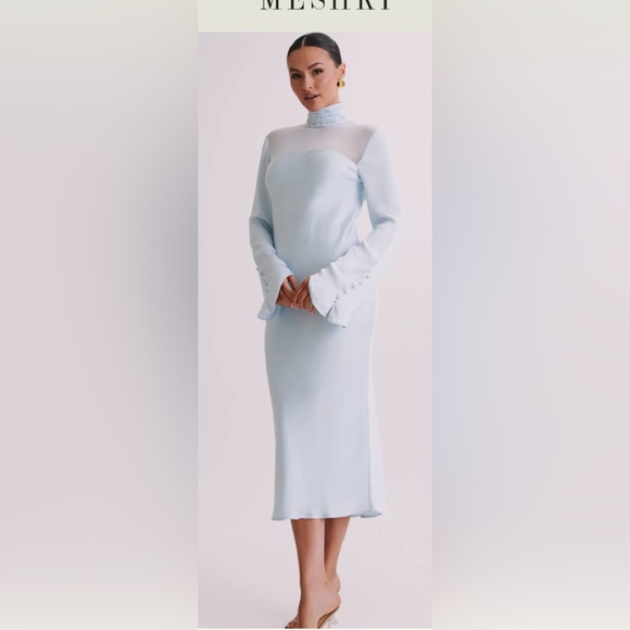 NWT Meshki high neck satin midi dress! Sexy sheer top flowing sleeves stunning! - Picture 3 of 6